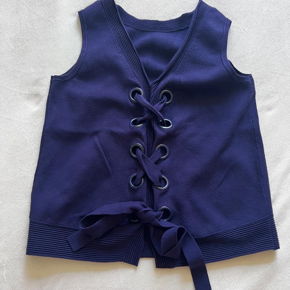 Karen Millen navy Blue Tank Top Lace Up Large Eyelet Regal Luxury Designer